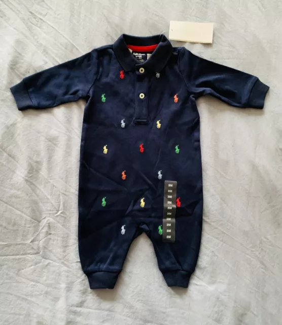 Neu Mit Etikett! Polo Ralph Lauren Marineblau Multi Logo Stramper Anzug Grösse 3 Monate