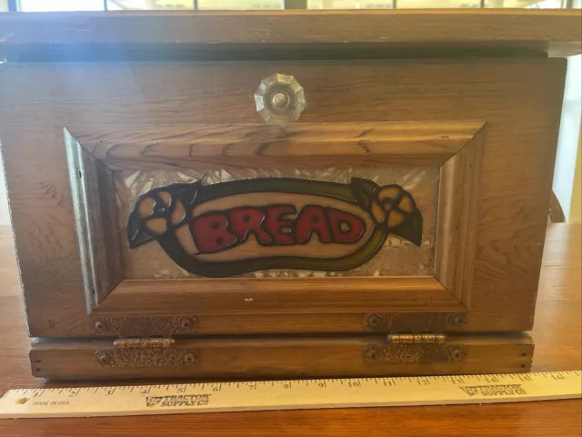 Vintage Solid Wooden Bread Box  Window Stenciled Rustic Charm Kitchen