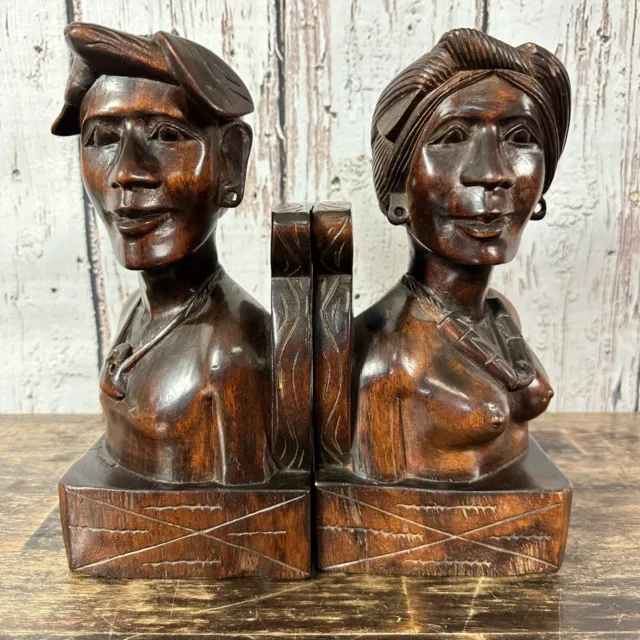 Pair of Vintage Hand Carved Wood Man and Women Tribal Bookends
