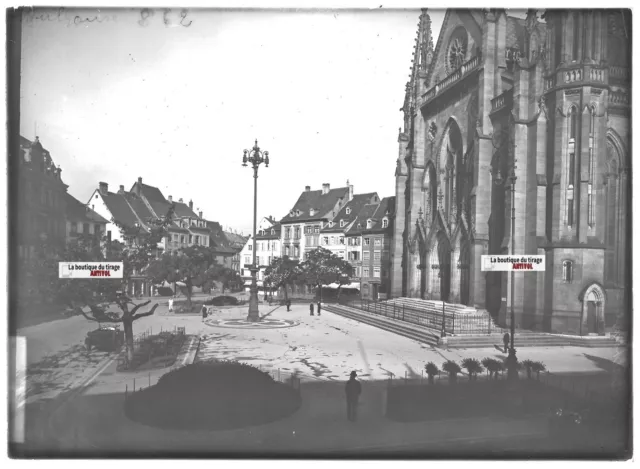 Plaque verre photo ancienne positif noir & blanc 13x18 cm Mulhouse place Réunion