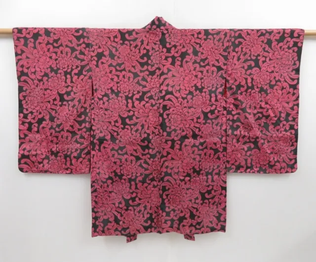 3012T14z500 Vintage Japanese Kimono Synthetic HAORI Chrysanthemum Black