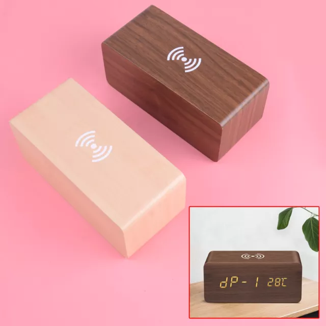 Modern Wood Digital LED Desk Alarm Clock Thermometer Smartphone Wireless Charger