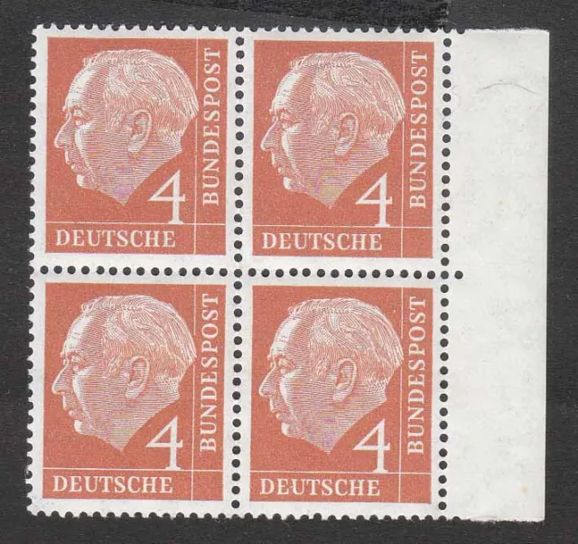Bundesrepublik,  4 Pfennig Heuss 178x, Seitenrand, Viererblock, Postfrisch