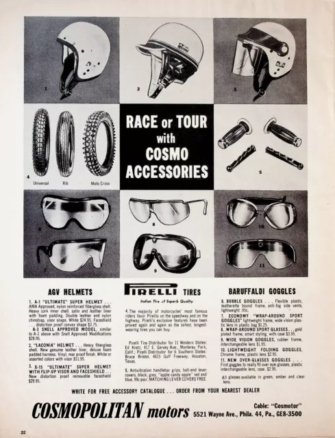 1964 Cosmopolitan Motorcycle Accessories Baruffaldi Pirelli Helmets - Vintage Ad