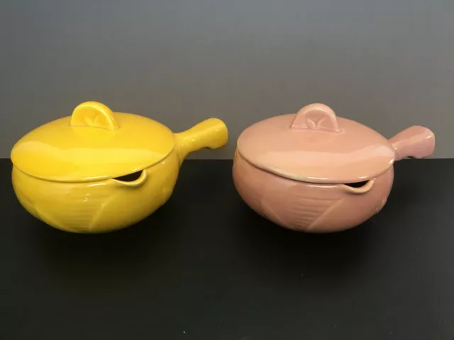 2 French Marmites in the Fondoso pattern. Yellow & pastel pink. Red Wing Pottery