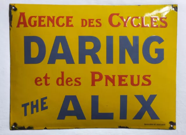 Ancienne plaque émaillée publicitaire Cycles DARING & Pneus The ALIX - garage