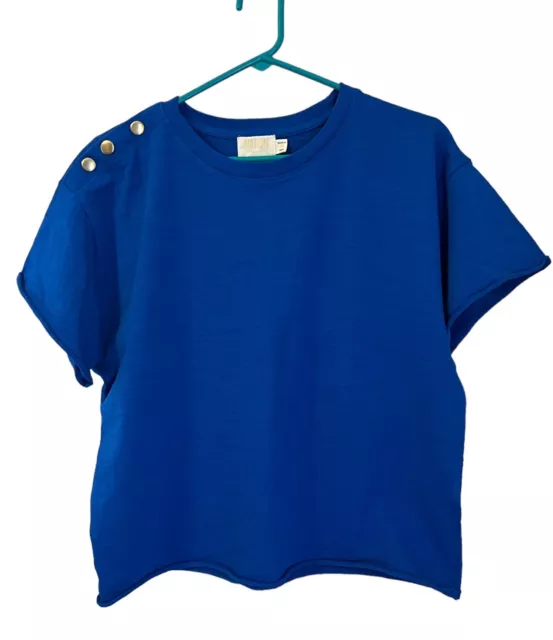 NATION LTD Terrin Snap-Shoulder Slub Tee Women’s M Blue Gold Boxy Cropped Peru