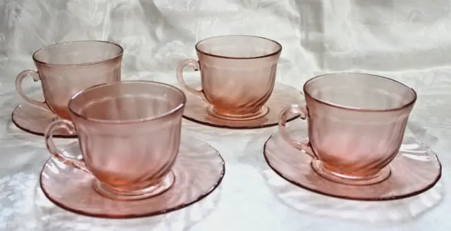 Vintage Arcoroc France Satin Rosaline Pink Swirl Cups Saucers (4) Sets