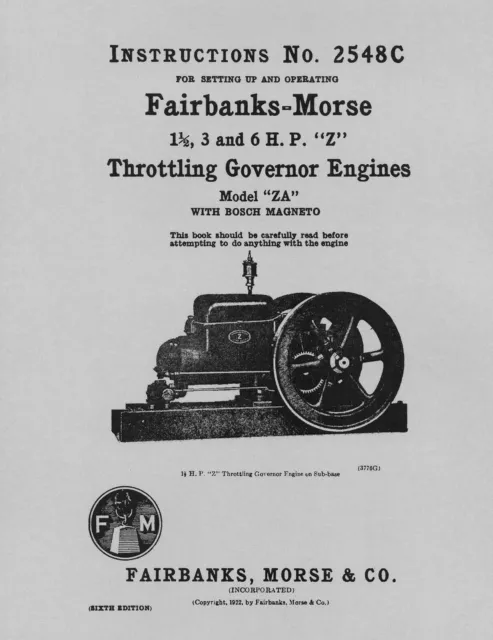 Fairbanks Morse 1½, 3 and 6 HP Z Instructions No. 2548C (please read description