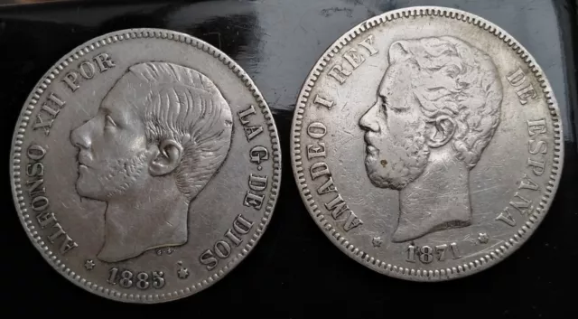 2 Monedas 5 Pesetas (1) Amadeo I  1871 (1) Alfonso Xii 1885