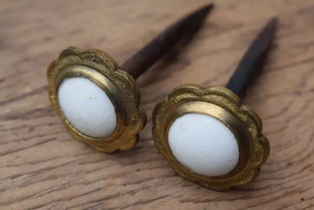 Pair Of Grand Victorian Country House Picture Hooks / Brass & Porcelain / Nails.