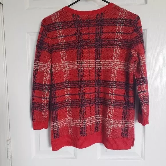 Ann Taylor Wool/Mohair Blend Jacquard Sweater Size Small Red/Black/White Plaid 3