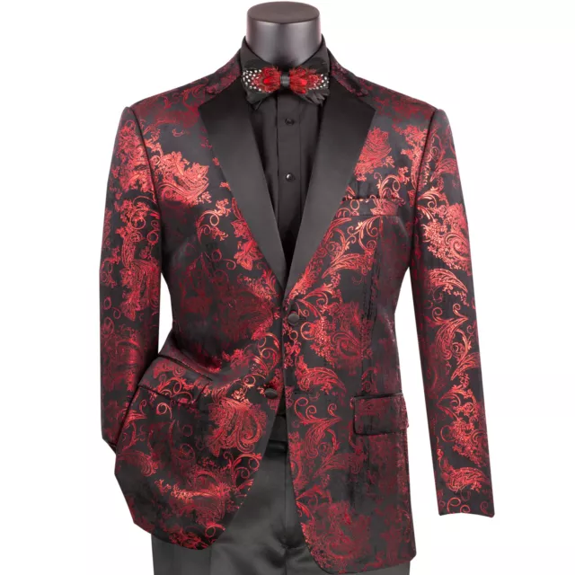 VINCI Men's Red & Black Paisley Embossed Modern Fit Tuxedo Dinner Jacket NEW
