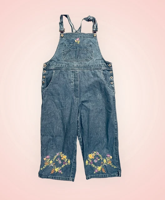 Women’s AGAPO Jean Capri Bib Denim Flower Print Overalls Size XL