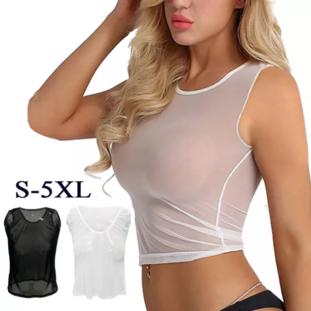 Womens Sexy Transparent Mesh Crop Top T-Shirt Cami Bra Vest Tank Top Tee  Blouse 