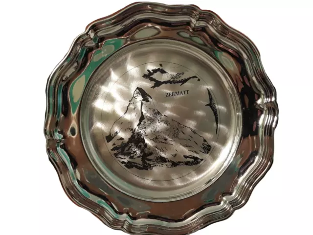 Vintage Silver Color Souvenir Plate Trinket Dish Zermatt Switzerland Wall Art 8"