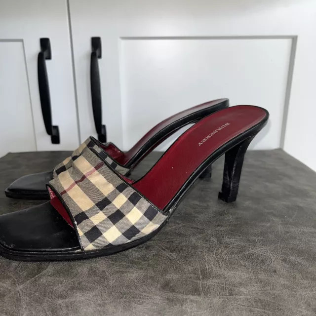 Burberry Womens Black  Leather Nova Check Heels  Sandals Size 38 7.5 8