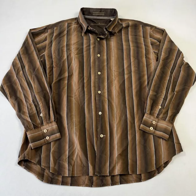 Tommy Bahama Men's Hawaiian Shirt Vertical Striped Silk Long Sleeve Brown Sz XL