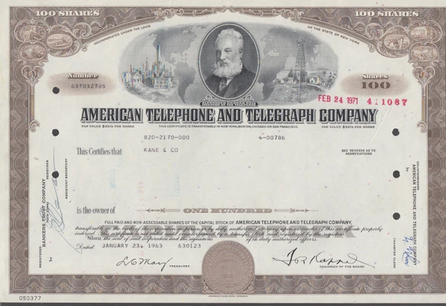 American Telephone & Telegraph 100-share Stock Certificate 1963