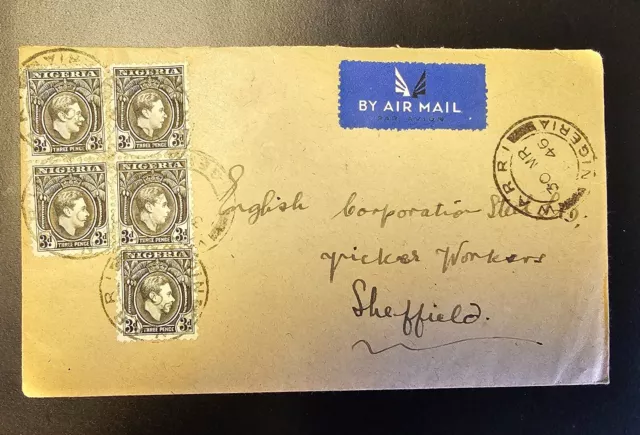 Nigeria 1946 KGVI Cover Postmark WARRI NIGERIA sent to Sheffield with 5 Stamps