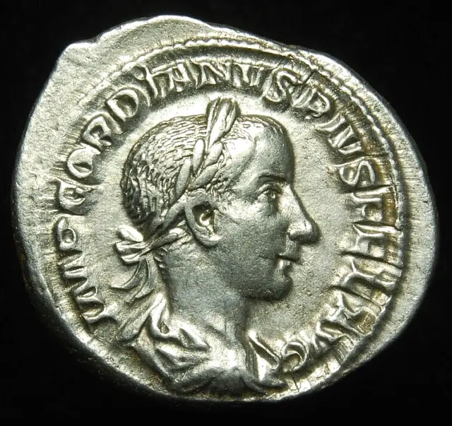 Roman Empire Gordian III silver denarius PIETAS AVGVSTI, Rome 241AD - GREAT!!!