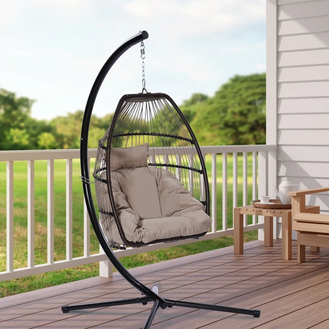 LARGE HANGING EGG Chair Folding Rattan Hammock Swing With Steel Stand