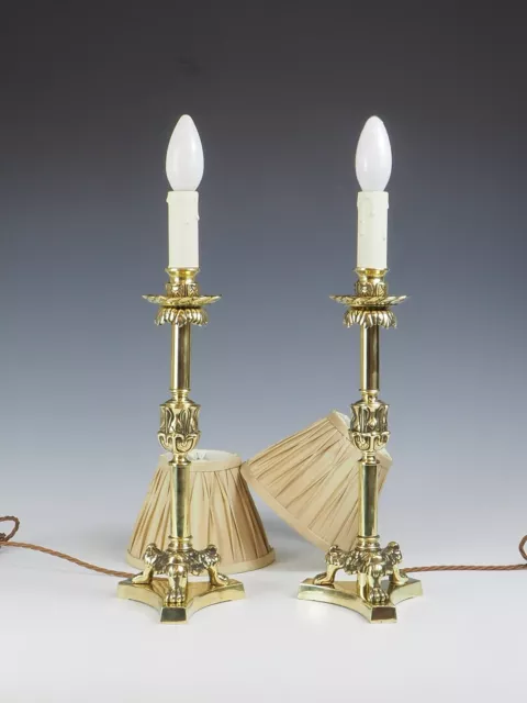 19th Century Pair of Elegant Brass Candlestick Lamps On Tri-form Lion Claws Feet 3
