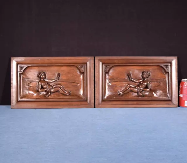 Pair of Antique French Highly Carved Panels in Walnut Wood Salvage w/Figures
