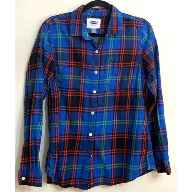 Old Navy Womens Blue Plaid Blouse Long Sleeved Button up Size M Flannel