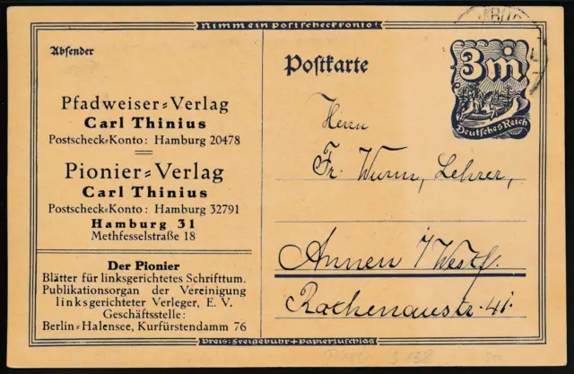 DR Ganzsache GS P150 Zudruck Pionier Verlag Hamburg Thinius  1922