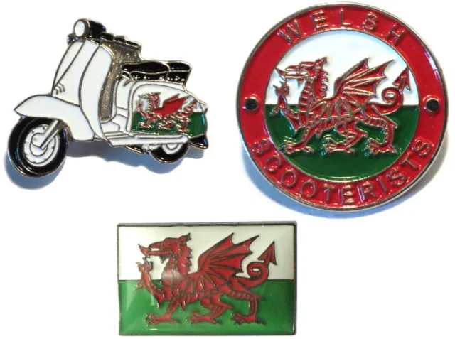 Welsh Scooterist Set Scooter Wales Dragon Flag Metal Enamel MOD Badges New