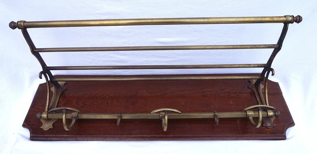 Antique French Wall Coat Rack Hat Luggage Railway 5 Sliding Hooks Brass Oak 1900