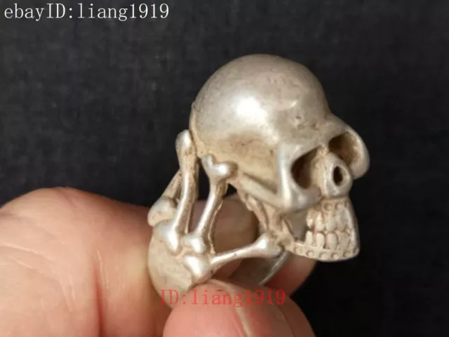 Collection China Tibet Silver Carvings Exorcism Skull Ring Wonderful Decoration