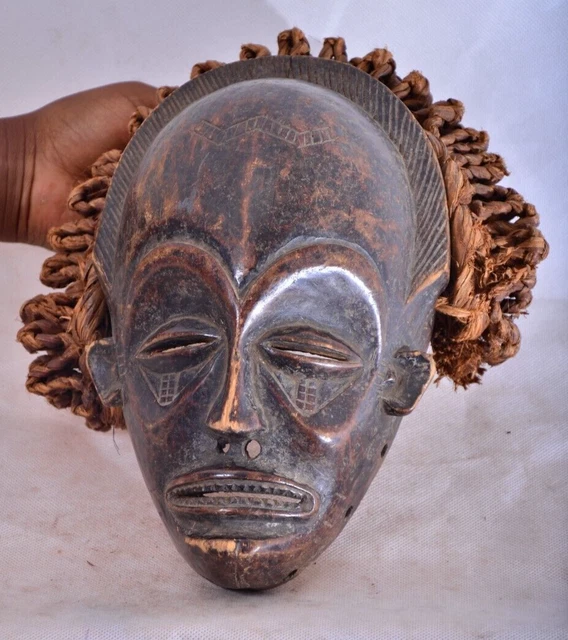 African Tribal Chokwe Art Mask -Manu PWO Mask Chokwe Tribe DR Congo & Rope Hair