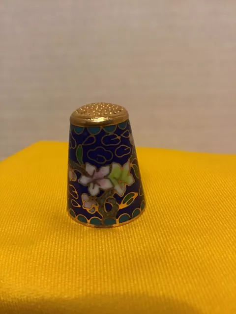 Cloisonne Thimble Cobalt Blue With Flowers