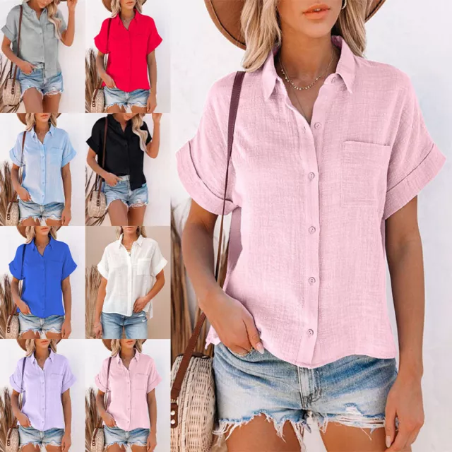 Womens Short Sleeve Linen Shirt Ladies Casual Loose Button-up Plain Tops Blouse
