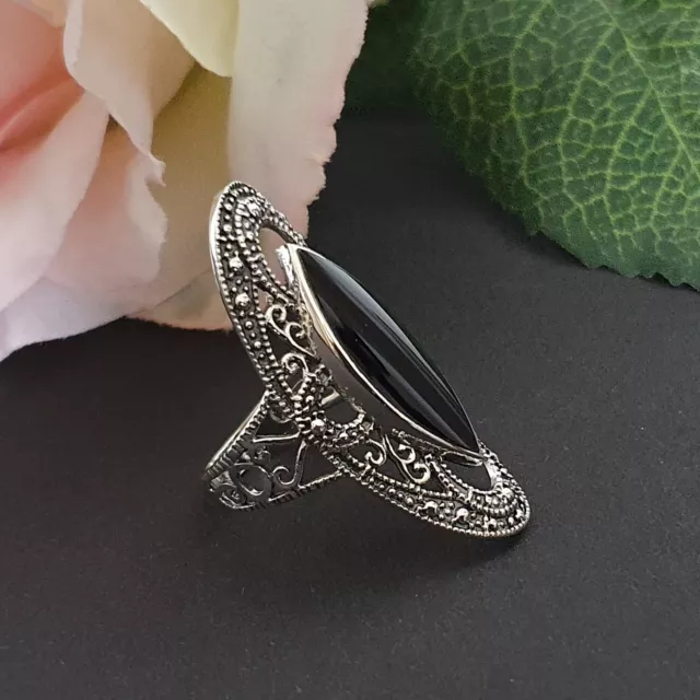 Großer Damen Silber Ring 925 Ornamente Ring mit schwarzem Onyx Stein Gothic 3