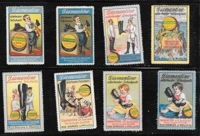 Poster Stamp set of 8 Germany Shoe Polish DIAMANTINE SCHUHPUTZ all diff