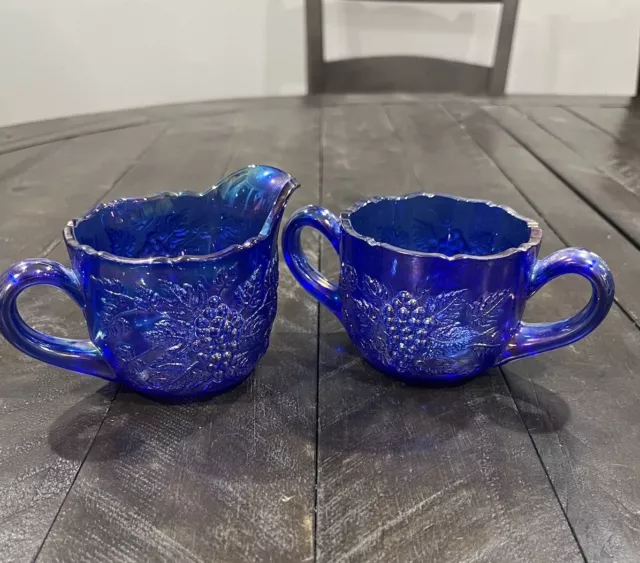 L E Smith Carnival Glass Sugar & Creamer Cobalt Blue Grape Scalloped Rare