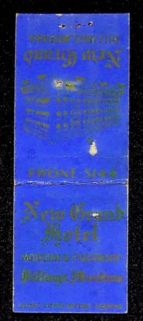 VTG New Grand Hotel Matchbook Cover, Billings, MT, Modern, Fireproof