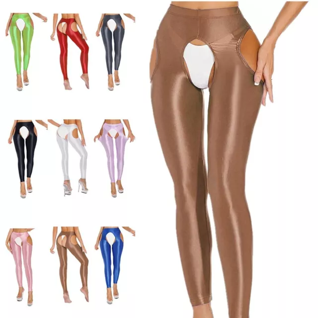 Women Oil Shiny Mid Waist Hollow Out Pantyhose Shimmery Footless Tights  Lingerie 