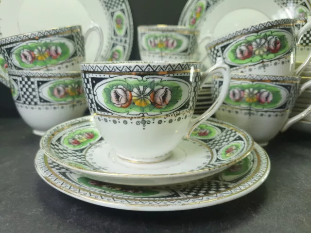 Beautiful Antique Bone China Part Tea Set Cups Saucers Cake Plates Floral Black
