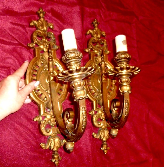 Pair of Rare Large Antique French Solid Gilded Bronze/ Brass Sconces 44cm tall