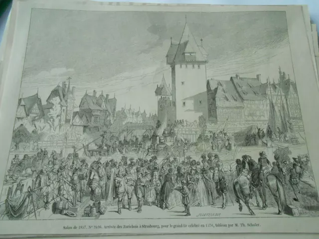 Gravure 1857 - Arrivée des Zurichois à Strasbourg pour le grand tir en 1576