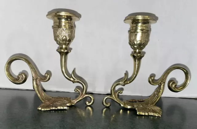 Vtg Pair Of Ornate Solid Brass Leaves & Vines Candlestick Holders EUC