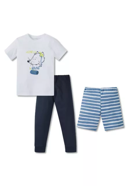 Schiesser 3tlg.Schlafanzug Pyjama Jungen weiß-blau Gr.104-140  NEU