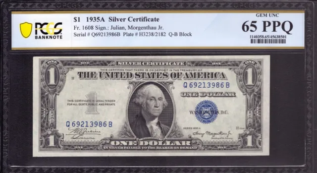 1935 A $1 Silver Certificate Note Qb Block Fr 1608 Pcgs B Gem Unc 65 Ppq