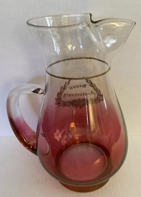 West Virginia Glass Happy Anniversary Large 10” Red Flash Pitcher Gold Trim. 3