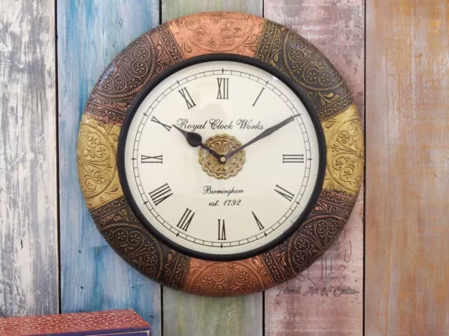 Wooden Frame Brass Fitted Wall Clock Handcrafted Wall Decor Living Room Clock