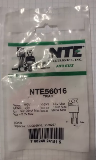 NTE Electronics NTE56016 Triac, TO-220, 25 Amp, 400V Replaces EGC56016 SK10267 